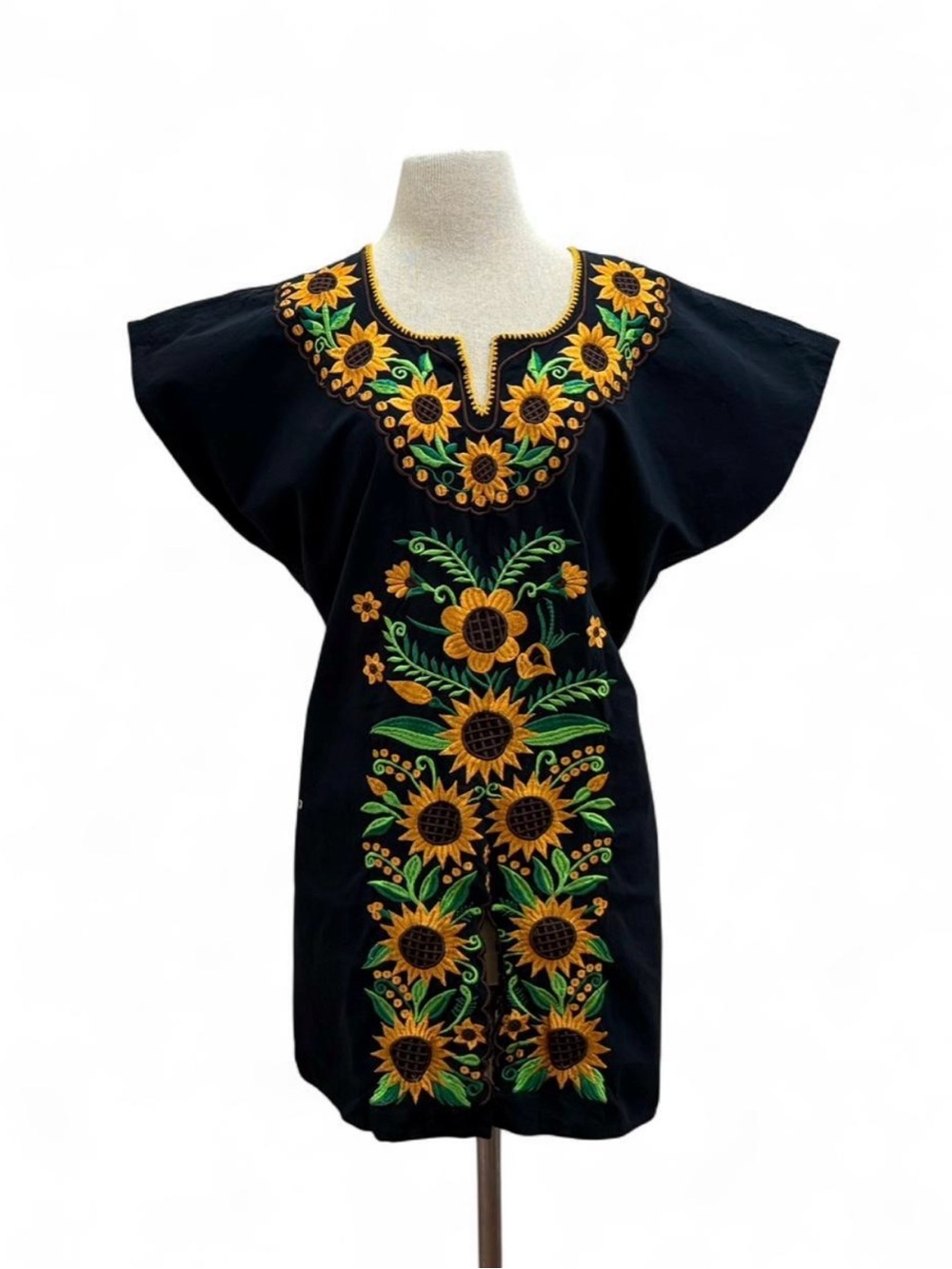 Vintage Mexican Black Embroidered Sunflower Tunic Dress Boho Folk Art Size S-XL